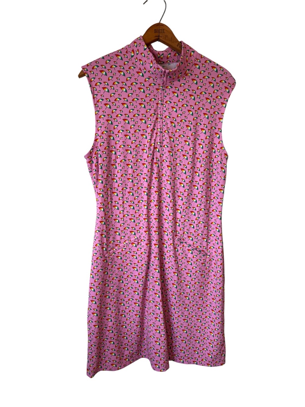 IBKUL Pink Umbrella Print Sleeveless Golf Dress Large UPF 50 Quarter Zip